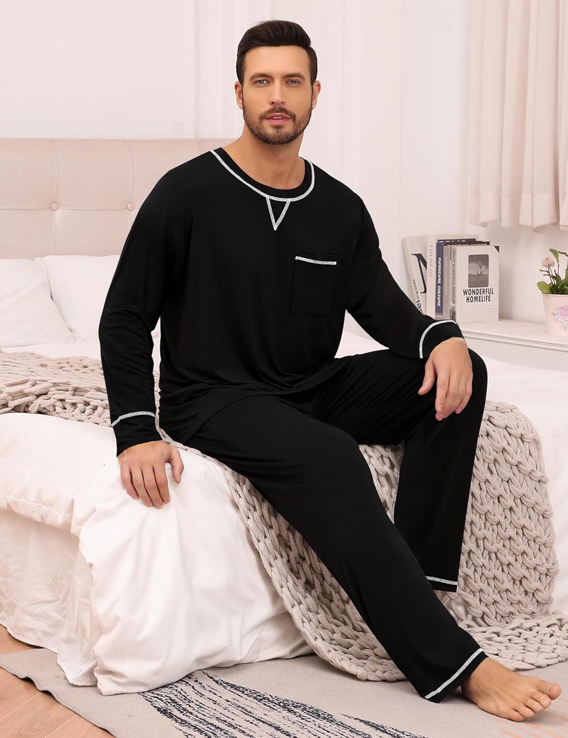 imageSWOMOG Mens Pajamas Set Modal Long Sleeve Sleepwear Crew Neck Pjs 2 Piece Loungewear Nightshirt Top amp Pants with PocketsBlack