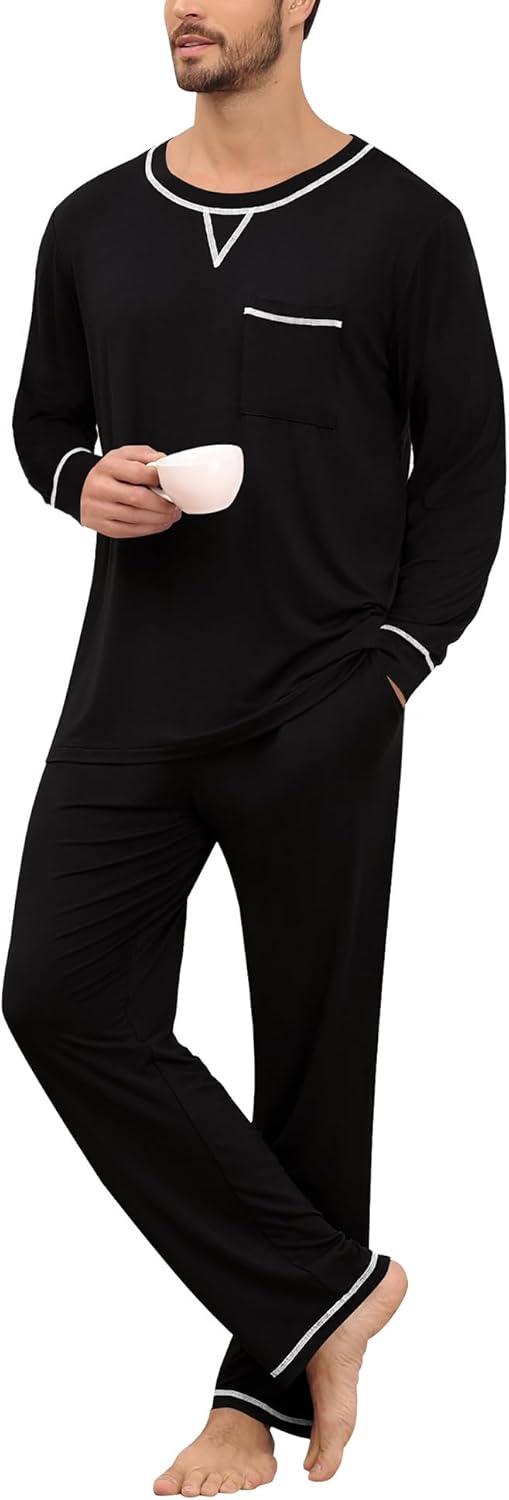 imageSWOMOG Mens Pajamas Set Modal Long Sleeve Sleepwear Crew Neck Pjs 2 Piece Loungewear Nightshirt Top amp Pants with PocketsBlack