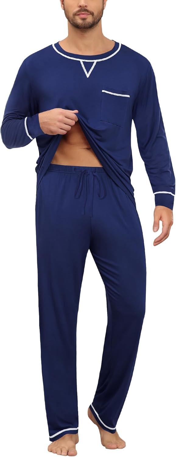 imageSWOMOG Mens Pajamas Set Modal Long Sleeve Sleepwear Crew Neck Pjs 2 Piece Loungewear Nightshirt Top amp Pants with PocketsNavy Blue