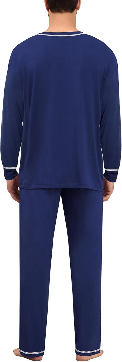 imageSWOMOG Mens Pajamas Set Modal Long Sleeve Sleepwear Crew Neck Pjs 2 Piece Loungewear Nightshirt Top amp Pants with PocketsNavy Blue