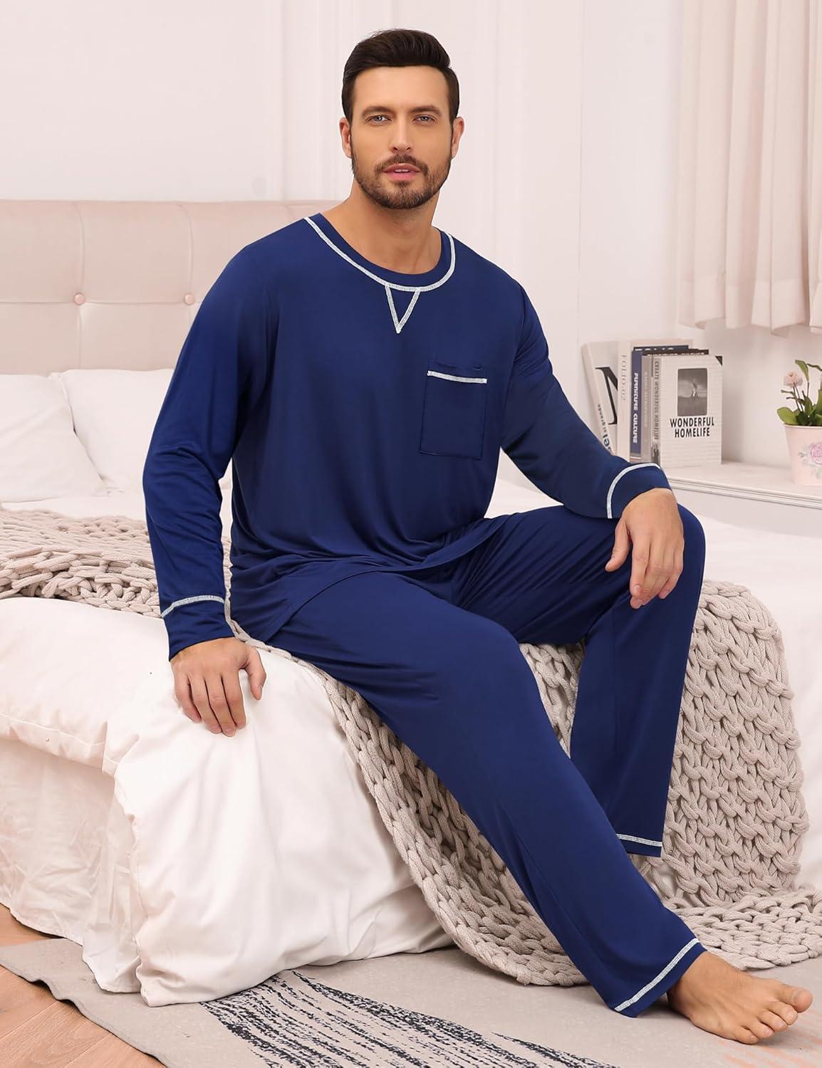 imageSWOMOG Mens Pajamas Set Modal Long Sleeve Sleepwear Crew Neck Pjs 2 Piece Loungewear Nightshirt Top amp Pants with PocketsNavy Blue