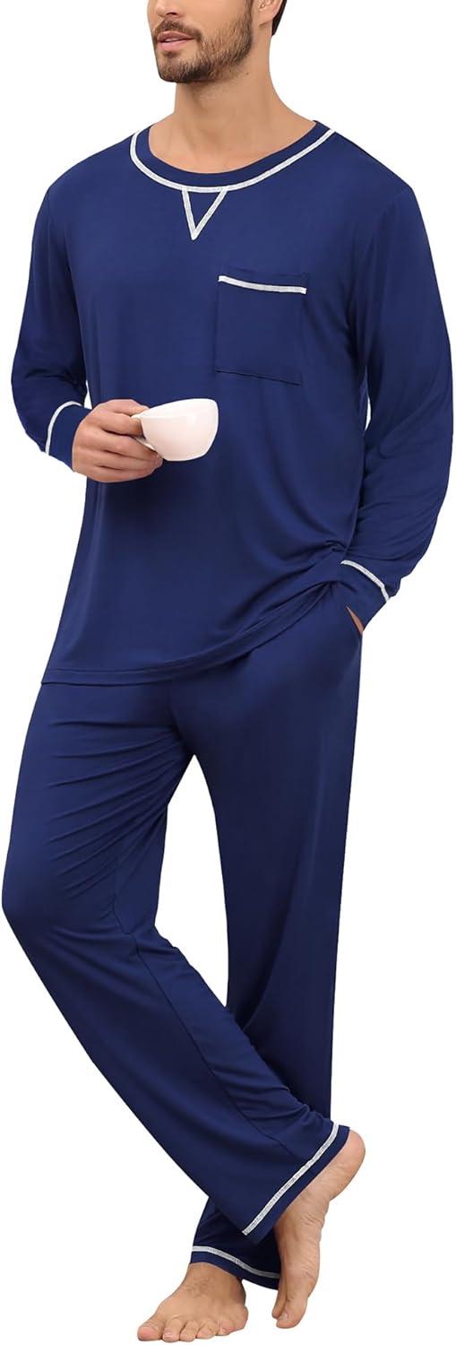 imageSWOMOG Mens Pajamas Set Modal Long Sleeve Sleepwear Crew Neck Pjs 2 Piece Loungewear Nightshirt Top amp Pants with PocketsNavy Blue