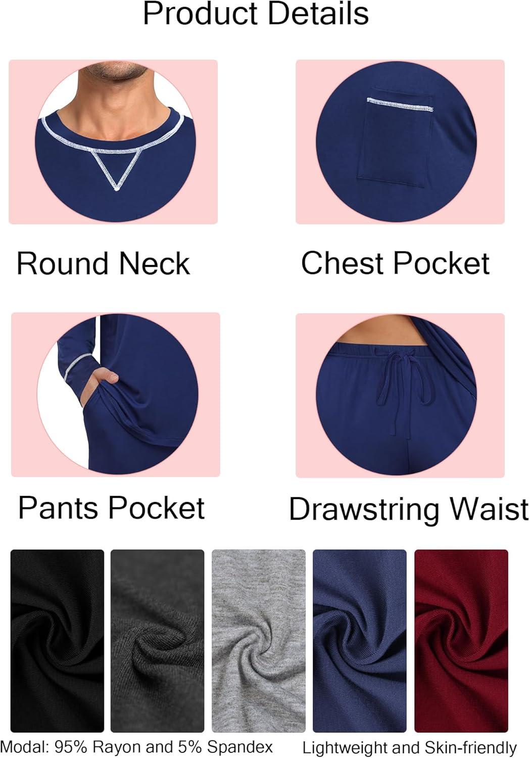 imageSWOMOG Mens Pajamas Set Modal Long Sleeve Sleepwear Crew Neck Pjs 2 Piece Loungewear Nightshirt Top amp Pants with PocketsNavy Blue