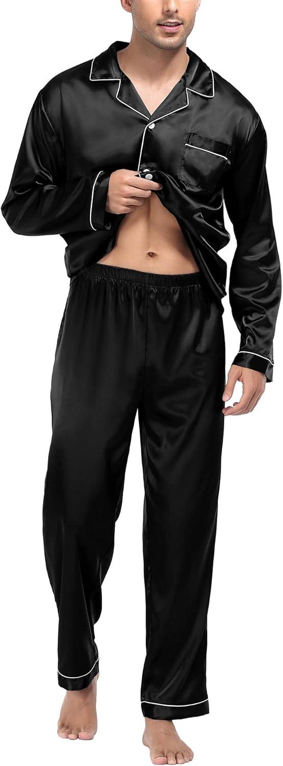 imageSWOMOG Mens Silk Satin Pajamas Set Long Sleeve Sleepwear ButtonDown Pj Twopiece Loungewear with Long Pants SXXLBlack