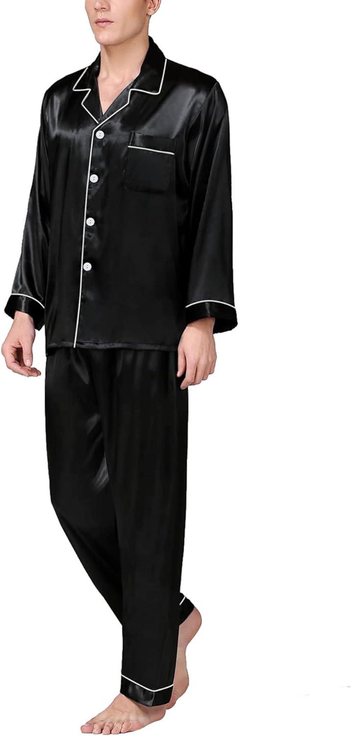 imageSWOMOG Mens Silk Satin Pajamas Set Long Sleeve Sleepwear ButtonDown Pj Twopiece Loungewear with Long Pants SXXLBlack