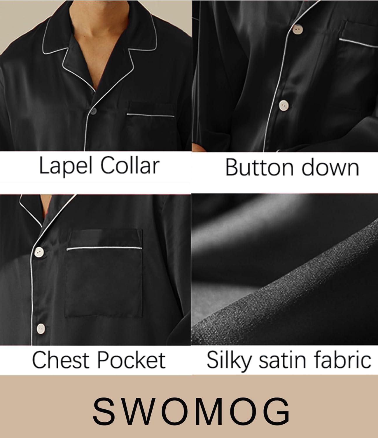 imageSWOMOG Mens Silk Satin Pajamas Set Long Sleeve Sleepwear ButtonDown Pj Twopiece Loungewear with Long Pants SXXLBlack