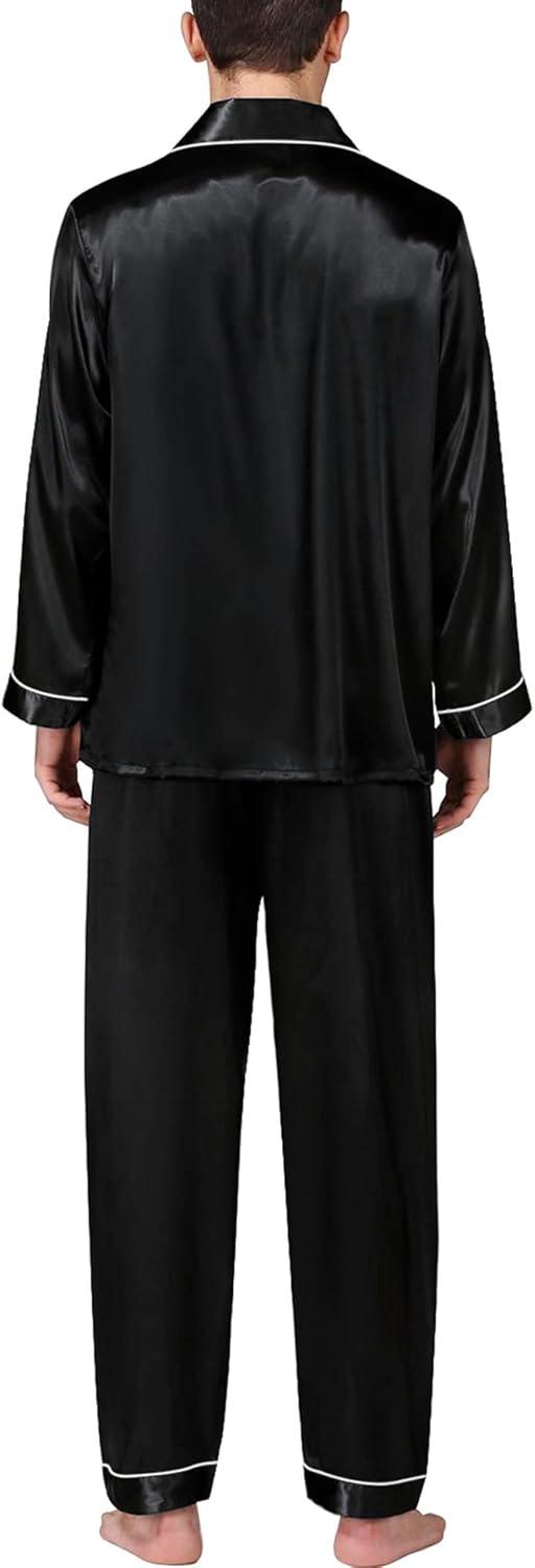 imageSWOMOG Mens Silk Satin Pajamas Set Long Sleeve Sleepwear ButtonDown Pj Twopiece Loungewear with Long Pants SXXLBlack
