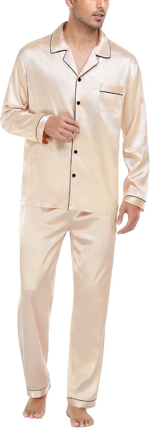imageSWOMOG Mens Silk Satin Pajamas Set Long Sleeve Sleepwear ButtonDown Pj Twopiece Loungewear with Long Pants SXXLChampagne