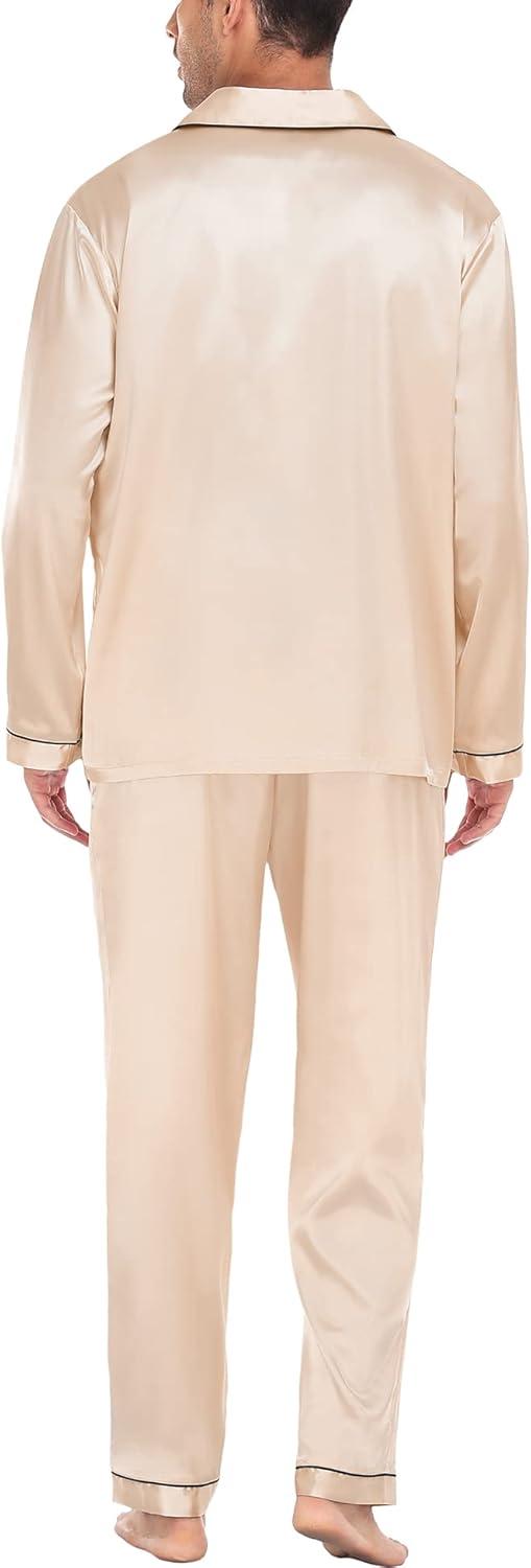 imageSWOMOG Mens Silk Satin Pajamas Set Long Sleeve Sleepwear ButtonDown Pj Twopiece Loungewear with Long Pants SXXLChampagne