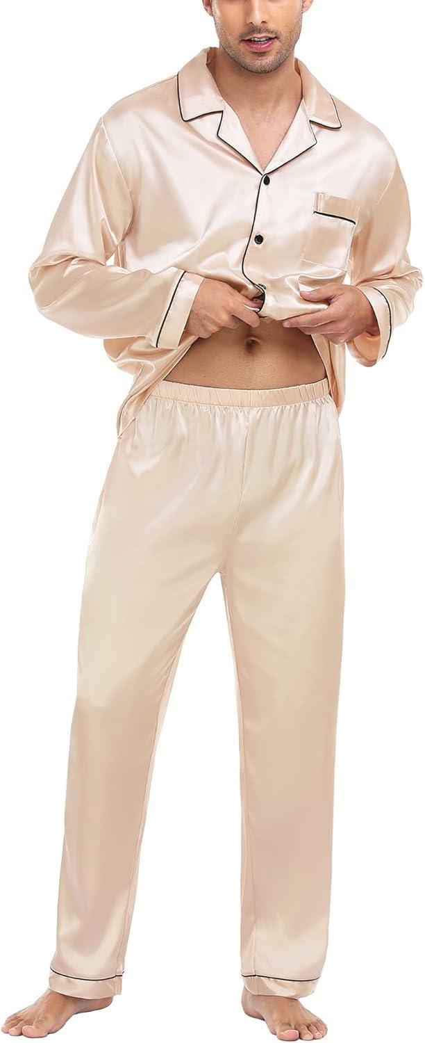 imageSWOMOG Mens Silk Satin Pajamas Set Long Sleeve Sleepwear ButtonDown Pj Twopiece Loungewear with Long Pants SXXLChampagne
