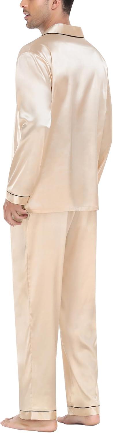 imageSWOMOG Mens Silk Satin Pajamas Set Long Sleeve Sleepwear ButtonDown Pj Twopiece Loungewear with Long Pants SXXLChampagne