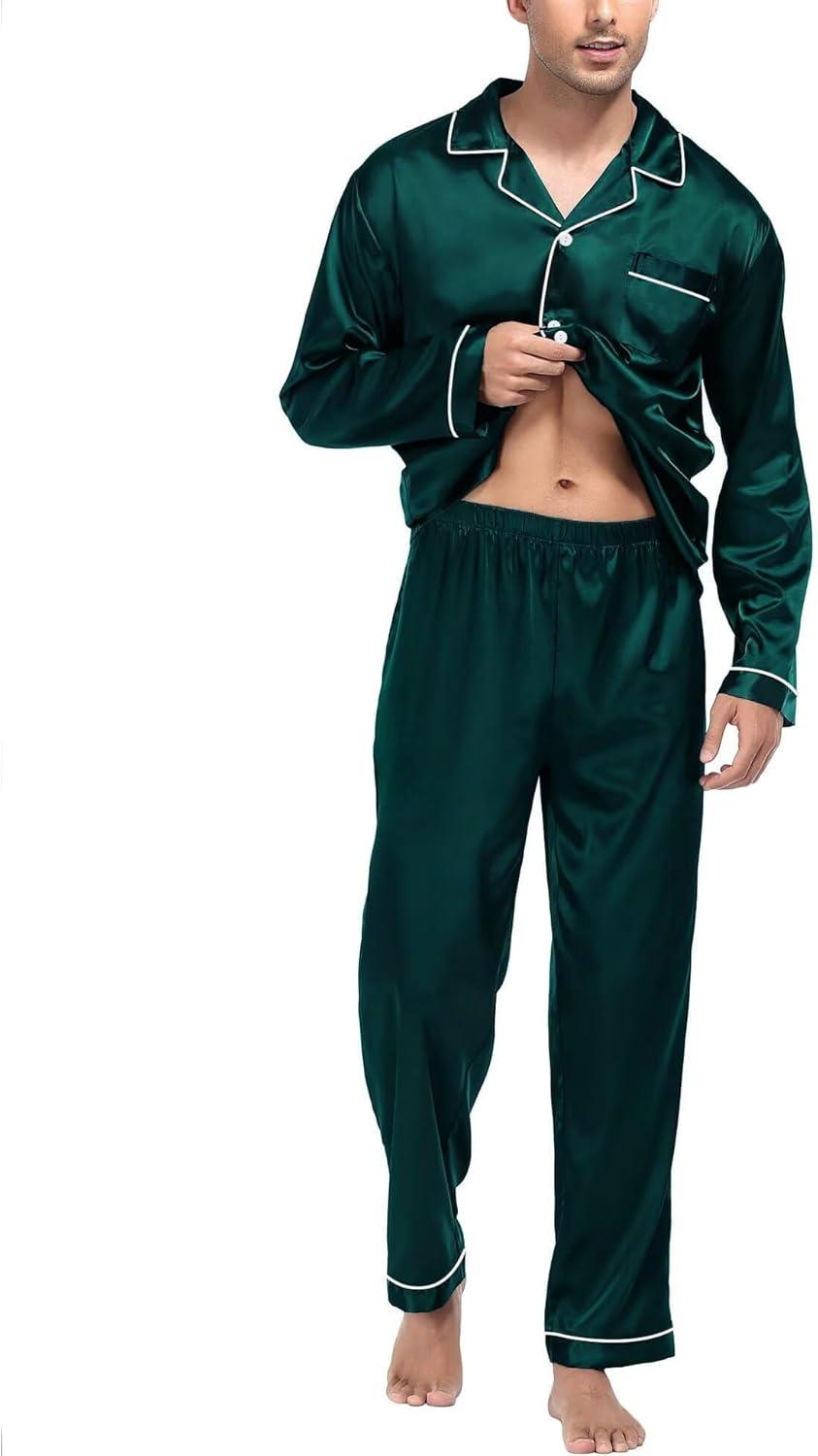imageSWOMOG Mens Silk Satin Pajamas Set Long Sleeve Sleepwear ButtonDown Pj Twopiece Loungewear with Long Pants SXXLDeep Green