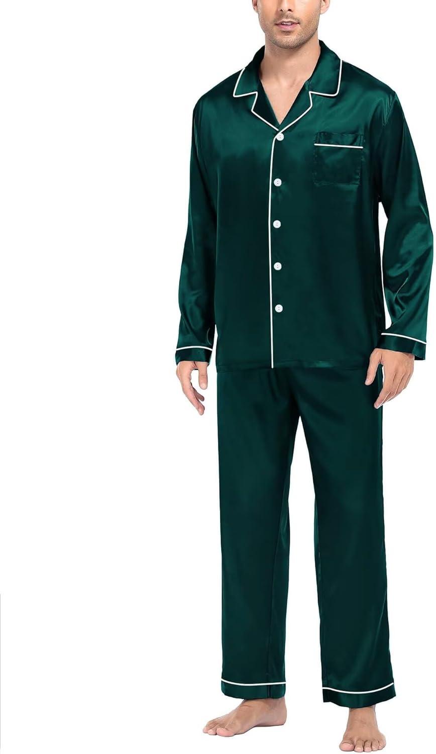 imageSWOMOG Mens Silk Satin Pajamas Set Long Sleeve Sleepwear ButtonDown Pj Twopiece Loungewear with Long Pants SXXLDeep Green