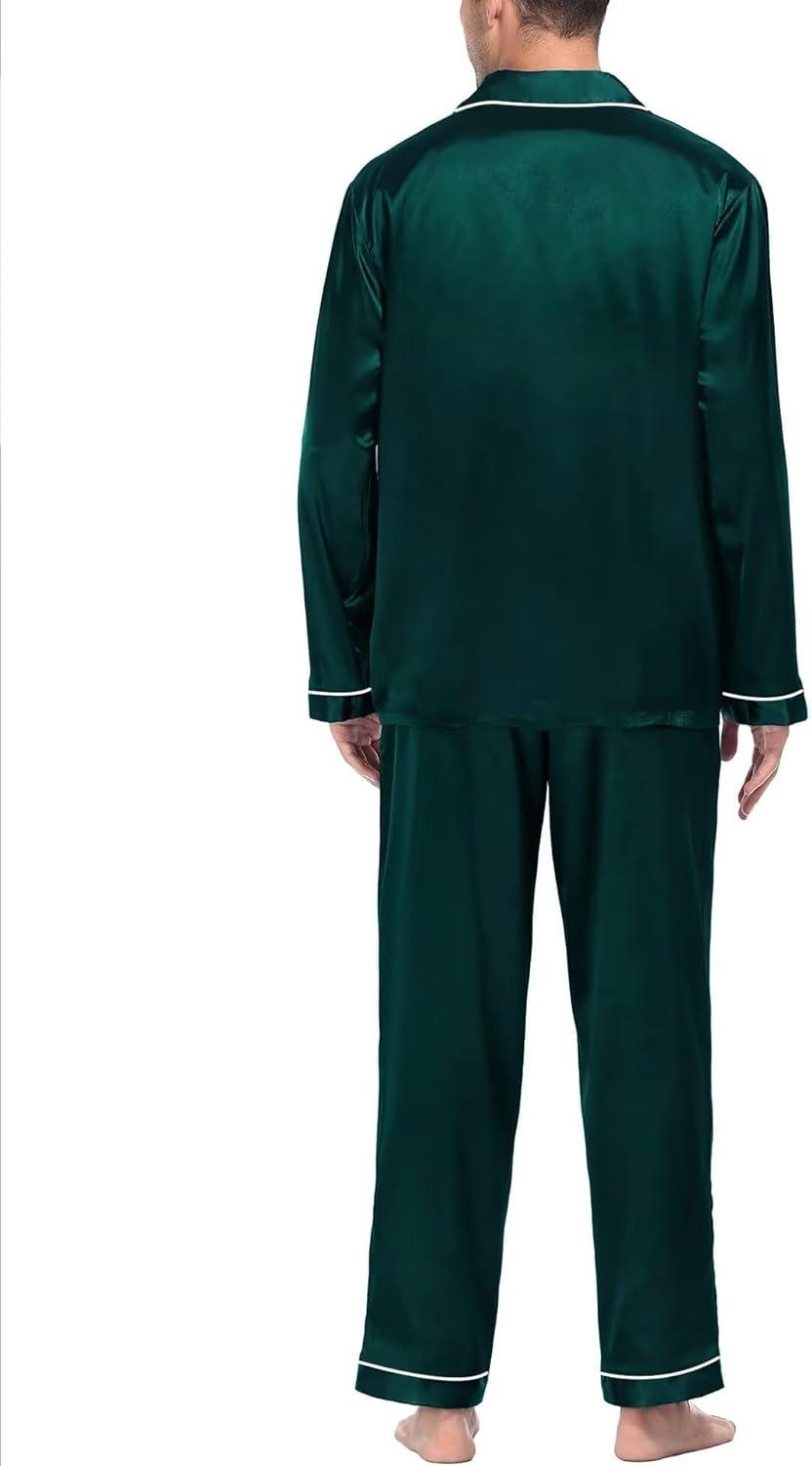 imageSWOMOG Mens Silk Satin Pajamas Set Long Sleeve Sleepwear ButtonDown Pj Twopiece Loungewear with Long Pants SXXLDeep Green
