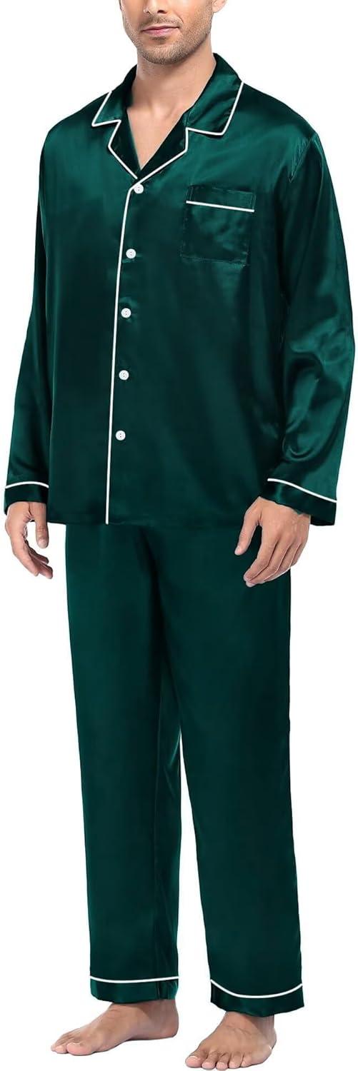 imageSWOMOG Mens Silk Satin Pajamas Set Long Sleeve Sleepwear ButtonDown Pj Twopiece Loungewear with Long Pants SXXLDeep Green
