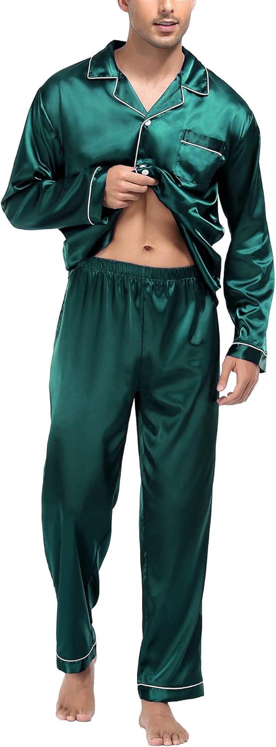 imageSWOMOG Mens Silk Satin Pajamas Set Long Sleeve Sleepwear ButtonDown Pj Twopiece Loungewear with Long Pants SXXLGreen