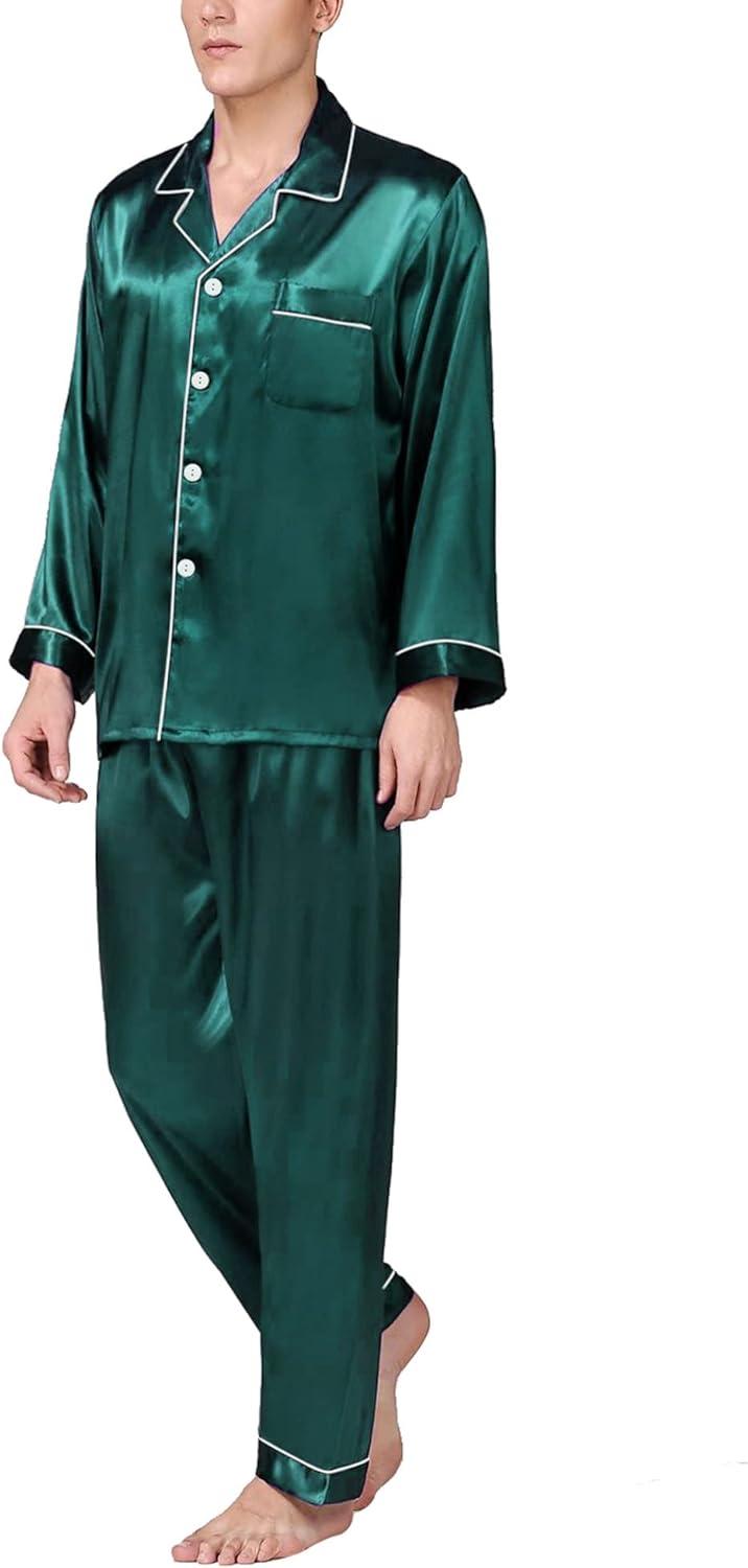 imageSWOMOG Mens Silk Satin Pajamas Set Long Sleeve Sleepwear ButtonDown Pj Twopiece Loungewear with Long Pants SXXLGreen