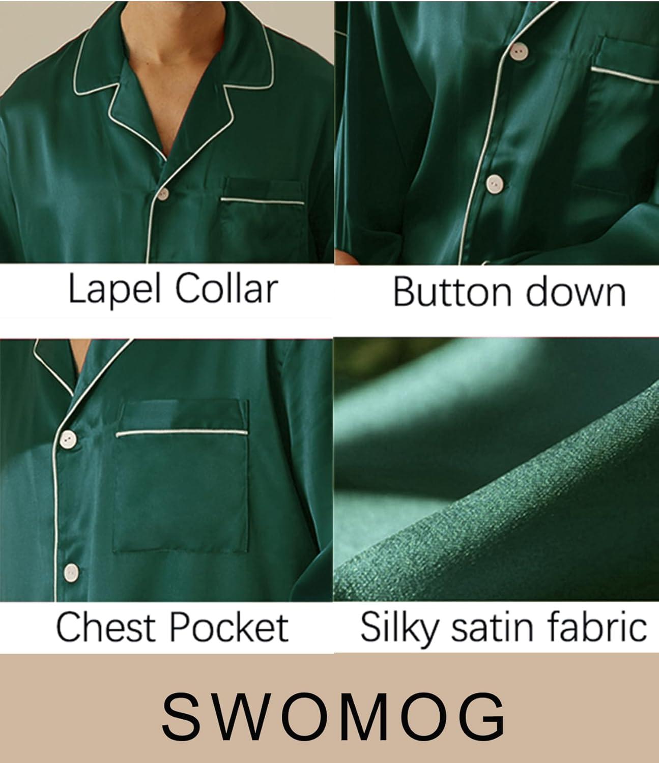 imageSWOMOG Mens Silk Satin Pajamas Set Long Sleeve Sleepwear ButtonDown Pj Twopiece Loungewear with Long Pants SXXLGreen
