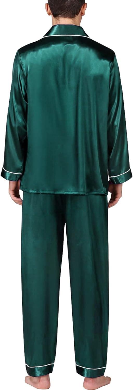 imageSWOMOG Mens Silk Satin Pajamas Set Long Sleeve Sleepwear ButtonDown Pj Twopiece Loungewear with Long Pants SXXLGreen