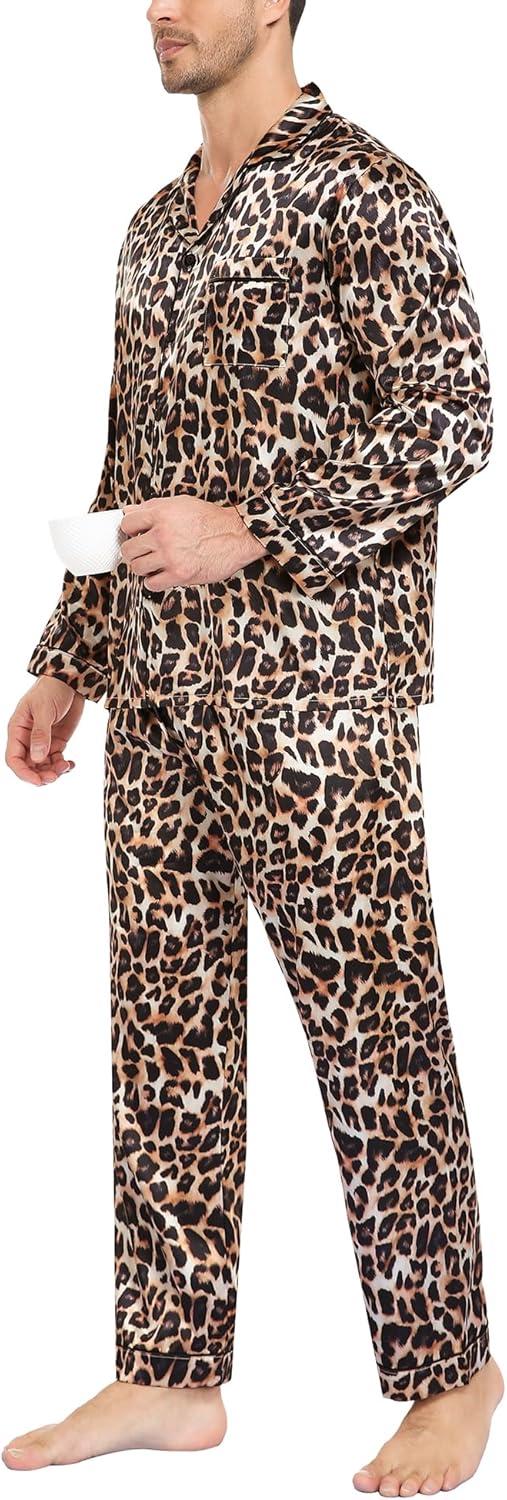 imageSWOMOG Mens Silk Satin Pajamas Set Long Sleeve Sleepwear ButtonDown Pj Twopiece Loungewear with Long Pants SXXLLeopard