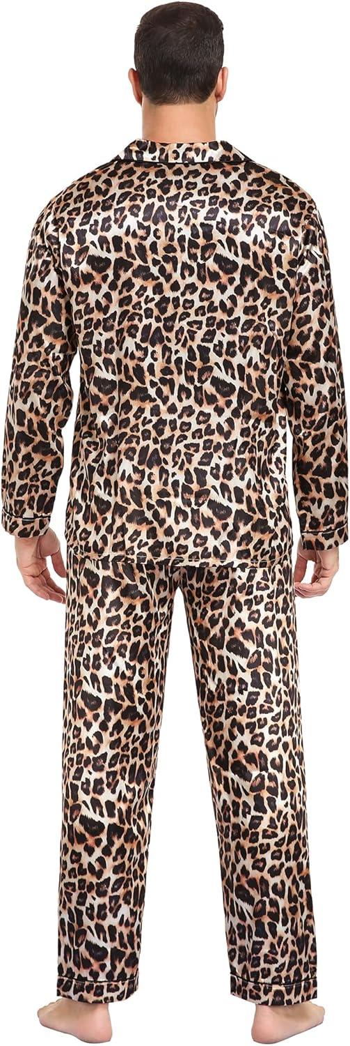 imageSWOMOG Mens Silk Satin Pajamas Set Long Sleeve Sleepwear ButtonDown Pj Twopiece Loungewear with Long Pants SXXLLeopard