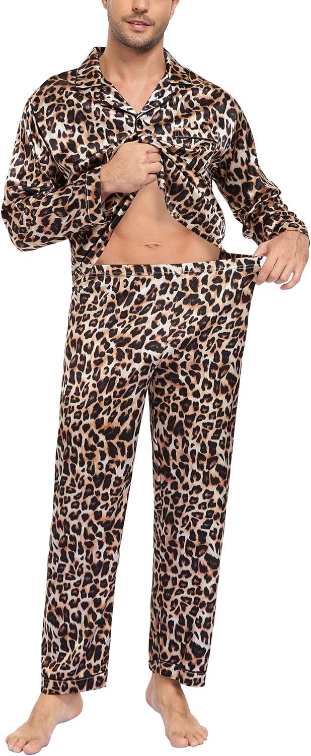 imageSWOMOG Mens Silk Satin Pajamas Set Long Sleeve Sleepwear ButtonDown Pj Twopiece Loungewear with Long Pants SXXLLeopard