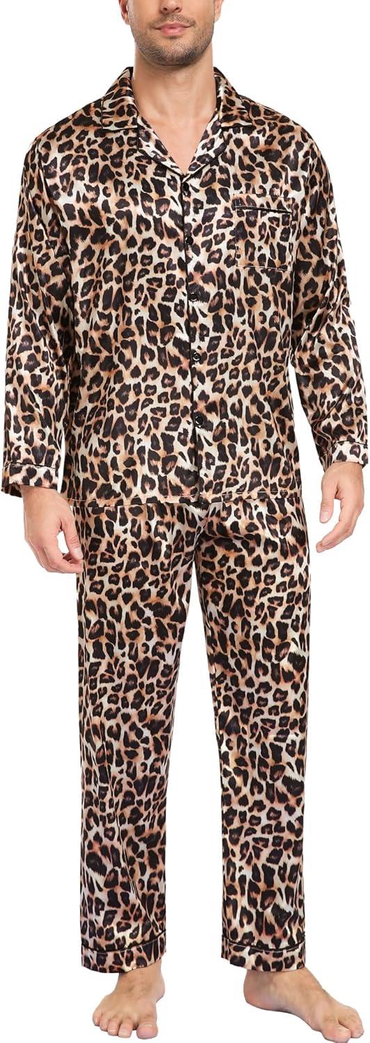 imageSWOMOG Mens Silk Satin Pajamas Set Long Sleeve Sleepwear ButtonDown Pj Twopiece Loungewear with Long Pants SXXLLeopard