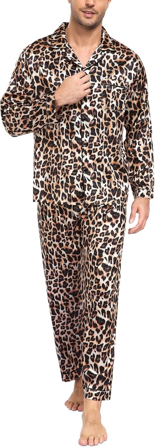 imageSWOMOG Mens Silk Satin Pajamas Set Long Sleeve Sleepwear ButtonDown Pj Twopiece Loungewear with Long Pants SXXLLeopard