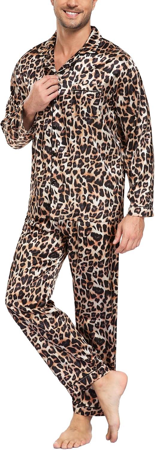 imageSWOMOG Mens Silk Satin Pajamas Set Long Sleeve Sleepwear ButtonDown Pj Twopiece Loungewear with Long Pants SXXLLeopard
