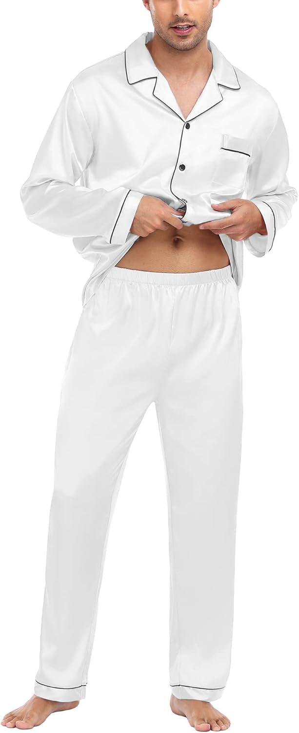 imageSWOMOG Mens Silk Satin Pajamas Set Long Sleeve Sleepwear ButtonDown Pj Twopiece Loungewear with Long Pants SXXLWhite