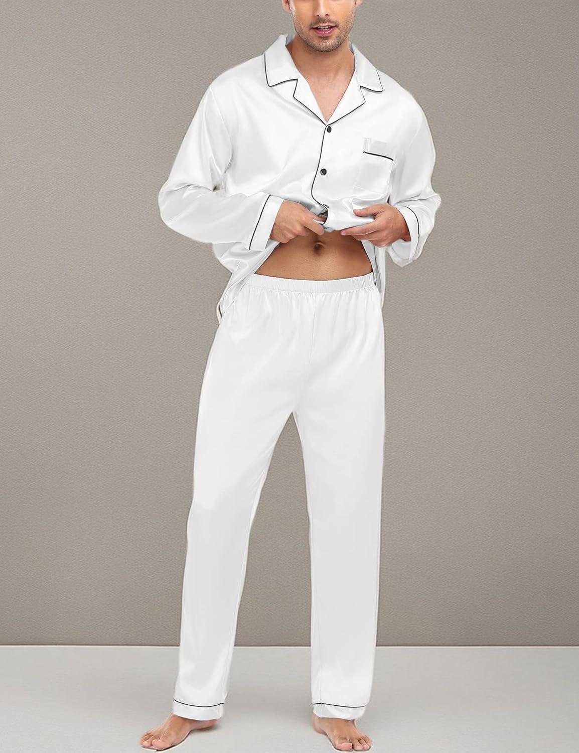 imageSWOMOG Mens Silk Satin Pajamas Set Long Sleeve Sleepwear ButtonDown Pj Twopiece Loungewear with Long Pants SXXLWhite