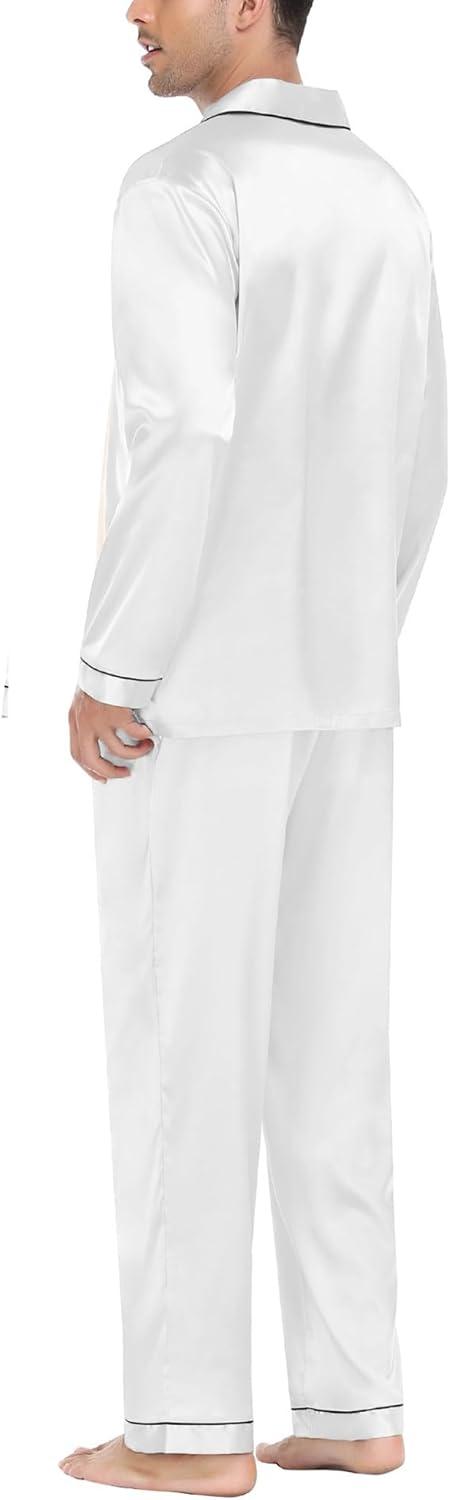 imageSWOMOG Mens Silk Satin Pajamas Set Long Sleeve Sleepwear ButtonDown Pj Twopiece Loungewear with Long Pants SXXLWhite