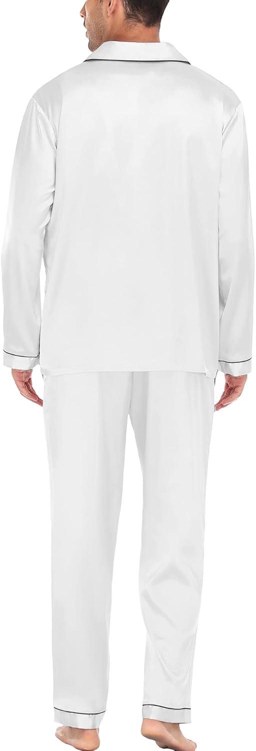 imageSWOMOG Mens Silk Satin Pajamas Set Long Sleeve Sleepwear ButtonDown Pj Twopiece Loungewear with Long Pants SXXLWhite