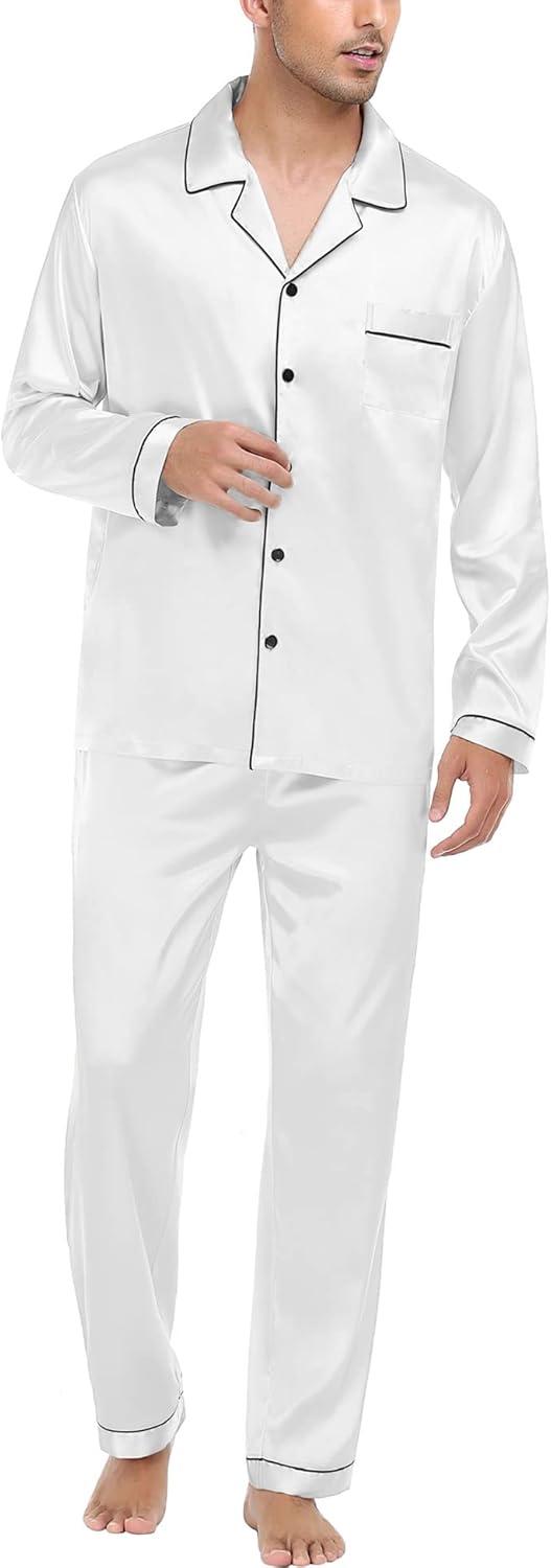 imageSWOMOG Mens Silk Satin Pajamas Set Long Sleeve Sleepwear ButtonDown Pj Twopiece Loungewear with Long Pants SXXLWhite