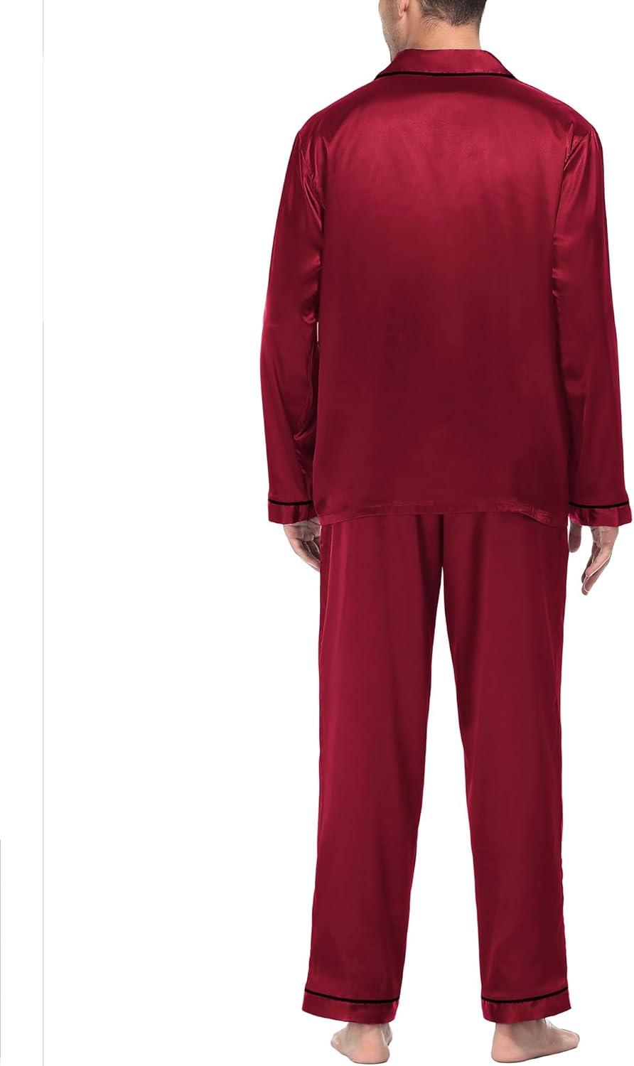 imageSWOMOG Mens Silk Satin Pajamas Set Long Sleeve Sleepwear ButtonDown Pj Twopiece Loungewear with Long Pants SXXLWine Red