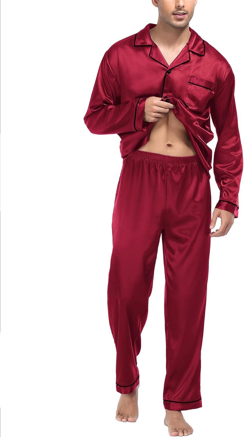 imageSWOMOG Mens Silk Satin Pajamas Set Long Sleeve Sleepwear ButtonDown Pj Twopiece Loungewear with Long Pants SXXLWine Red