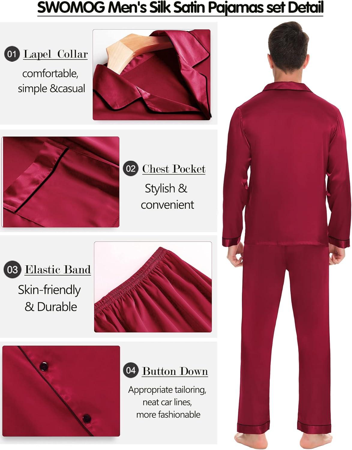 imageSWOMOG Mens Silk Satin Pajamas Set Long Sleeve Sleepwear ButtonDown Pj Twopiece Loungewear with Long Pants SXXLWine Red