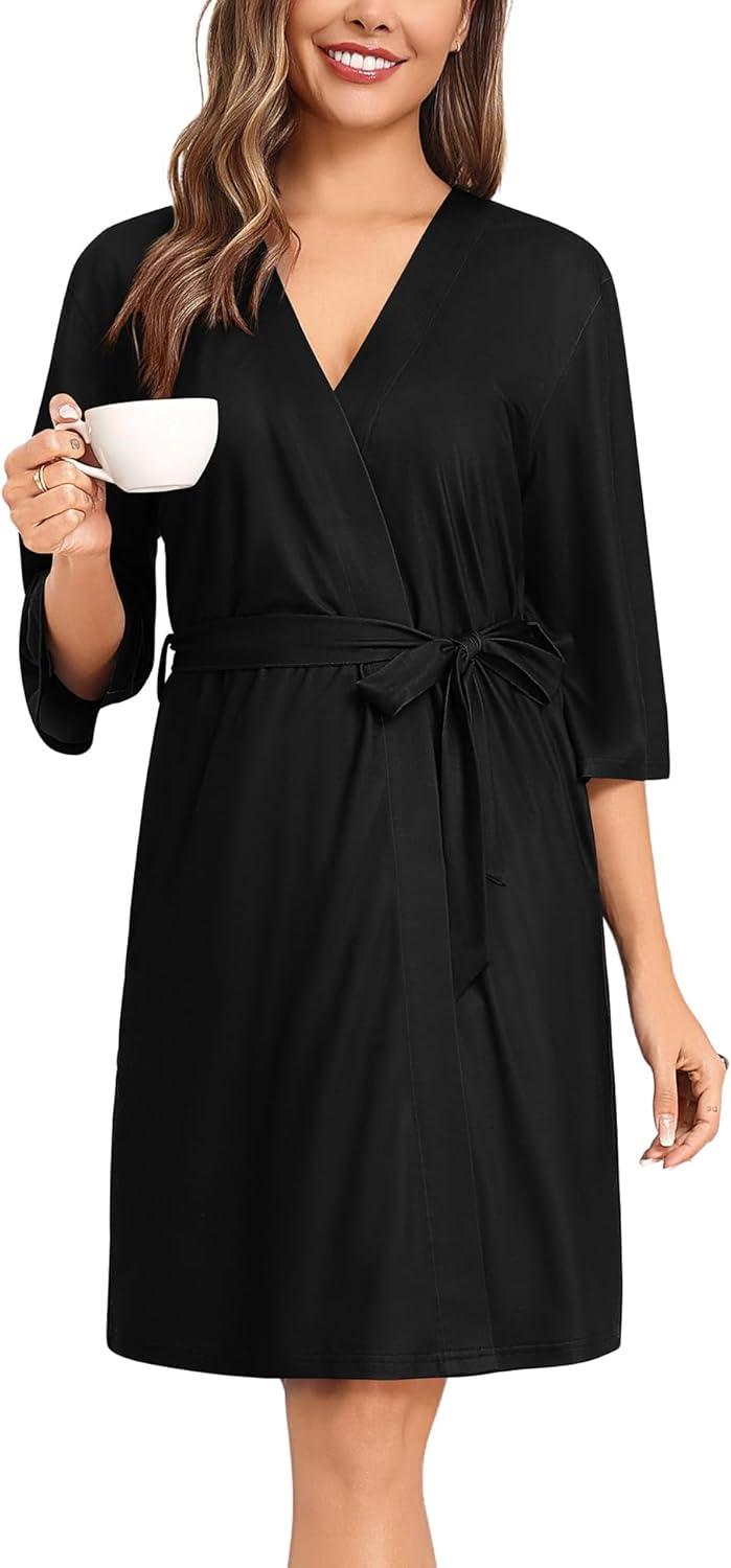 imageSWOMOG Nightgown and Robe Sets for Women 2 Piece Sleeveless Sexy Lace Strap Pajamas and 34 Sleeves Bathrobe with PocketsBlack