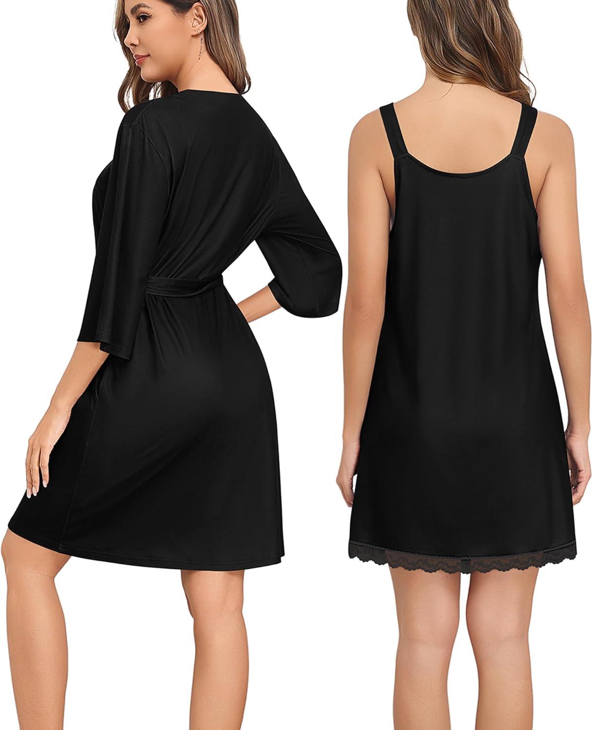 imageSWOMOG Nightgown and Robe Sets for Women 2 Piece Sleeveless Sexy Lace Strap Pajamas and 34 Sleeves Bathrobe with PocketsBlack
