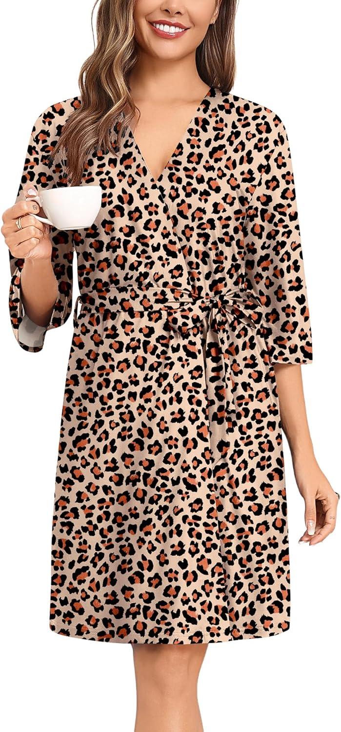 imageSWOMOG Nightgown and Robe Sets for Women 2 Piece Sleeveless Sexy Lace Strap Pajamas and 34 Sleeves Bathrobe with PocketsBlack Leopard Print