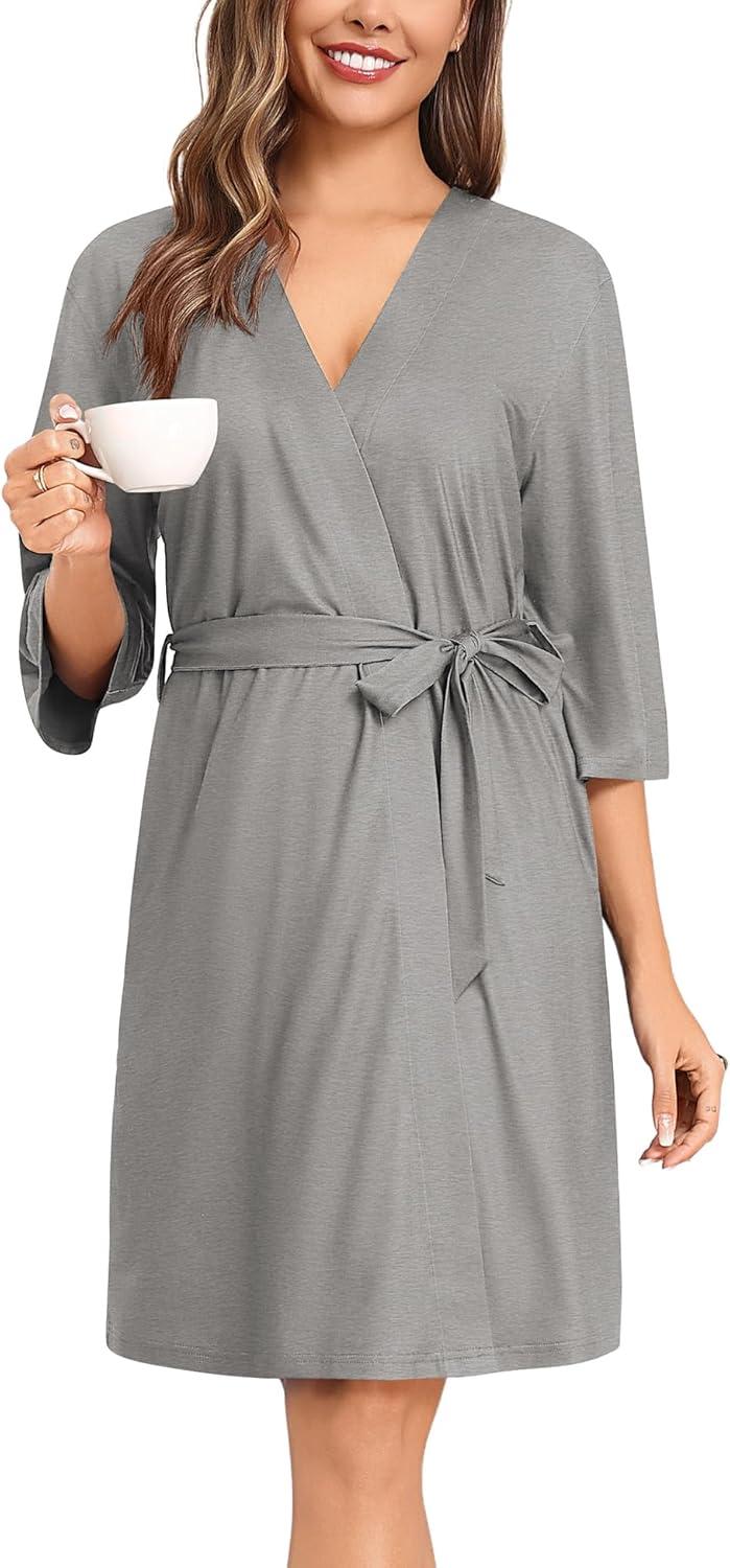imageSWOMOG Nightgown and Robe Sets for Women 2 Piece Sleeveless Sexy Lace Strap Pajamas and 34 Sleeves Bathrobe with PocketsDeep Grey