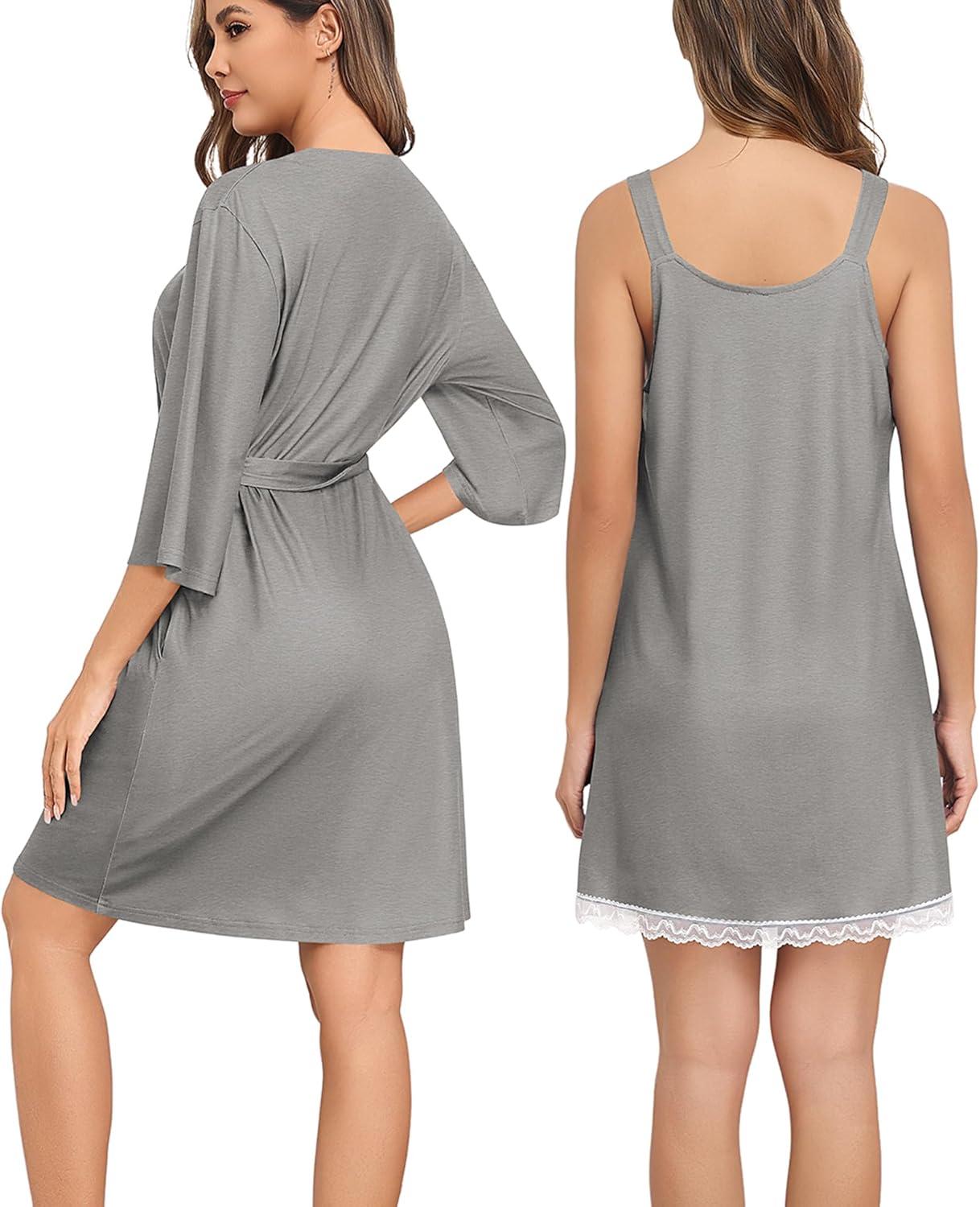 imageSWOMOG Nightgown and Robe Sets for Women 2 Piece Sleeveless Sexy Lace Strap Pajamas and 34 Sleeves Bathrobe with PocketsDeep Grey