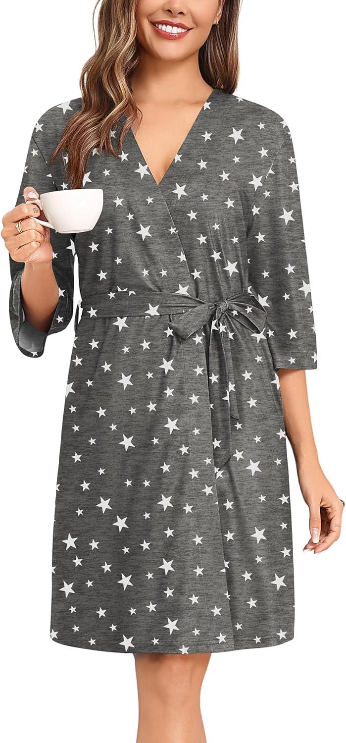 imageSWOMOG Nightgown and Robe Sets for Women 2 Piece Sleeveless Sexy Lace Strap Pajamas and 34 Sleeves Bathrobe with PocketsGrey Star