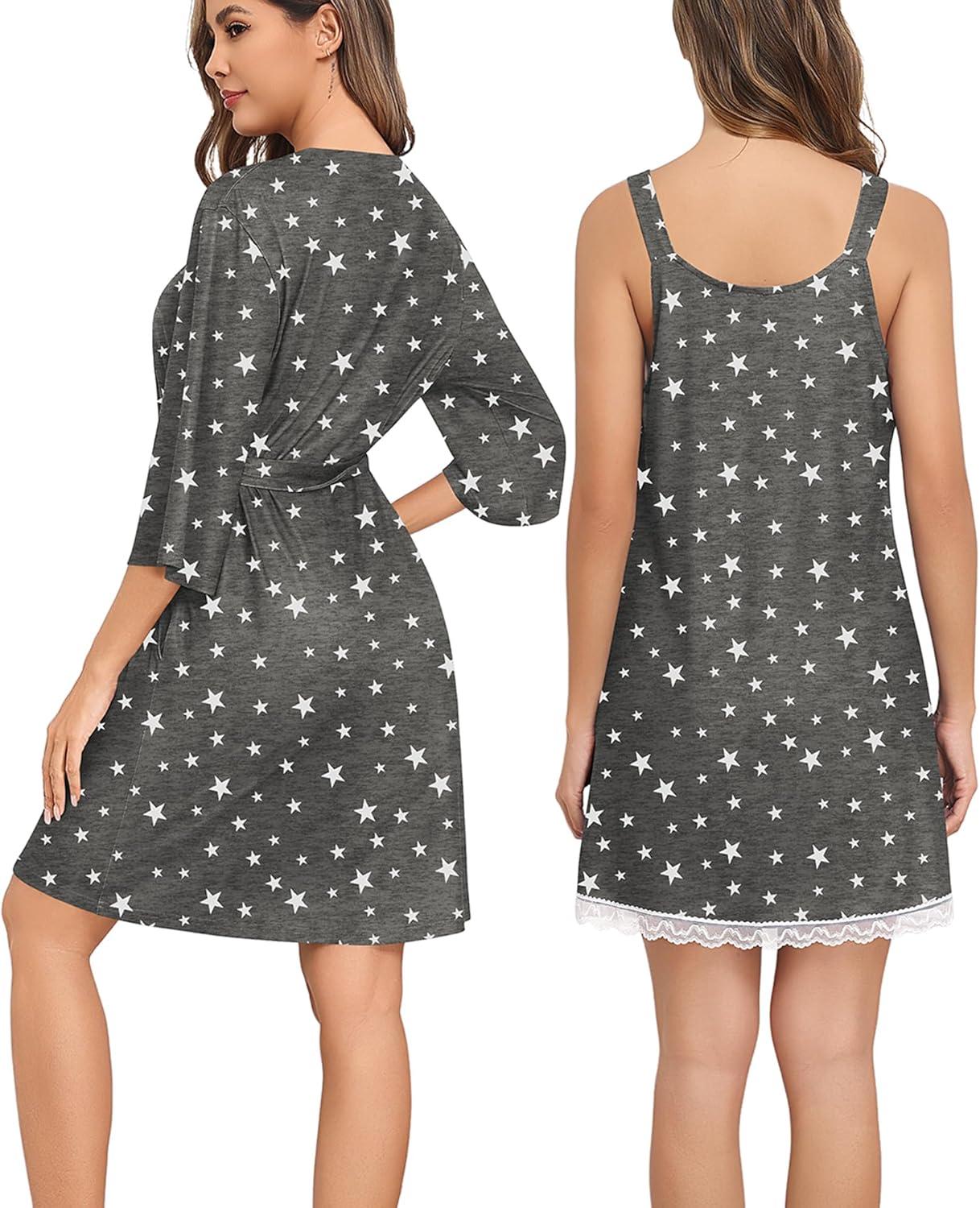 imageSWOMOG Nightgown and Robe Sets for Women 2 Piece Sleeveless Sexy Lace Strap Pajamas and 34 Sleeves Bathrobe with PocketsGrey Star