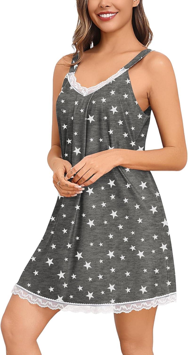 imageSWOMOG Nightgown and Robe Sets for Women 2 Piece Sleeveless Sexy Lace Strap Pajamas and 34 Sleeves Bathrobe with PocketsGrey Star