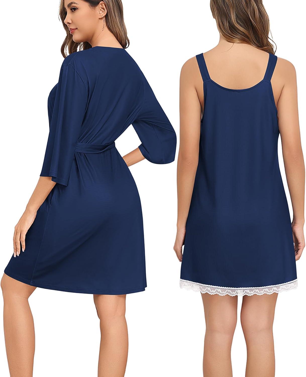 imageSWOMOG Nightgown and Robe Sets for Women 2 Piece Sleeveless Sexy Lace Strap Pajamas and 34 Sleeves Bathrobe with PocketsNavy Blue