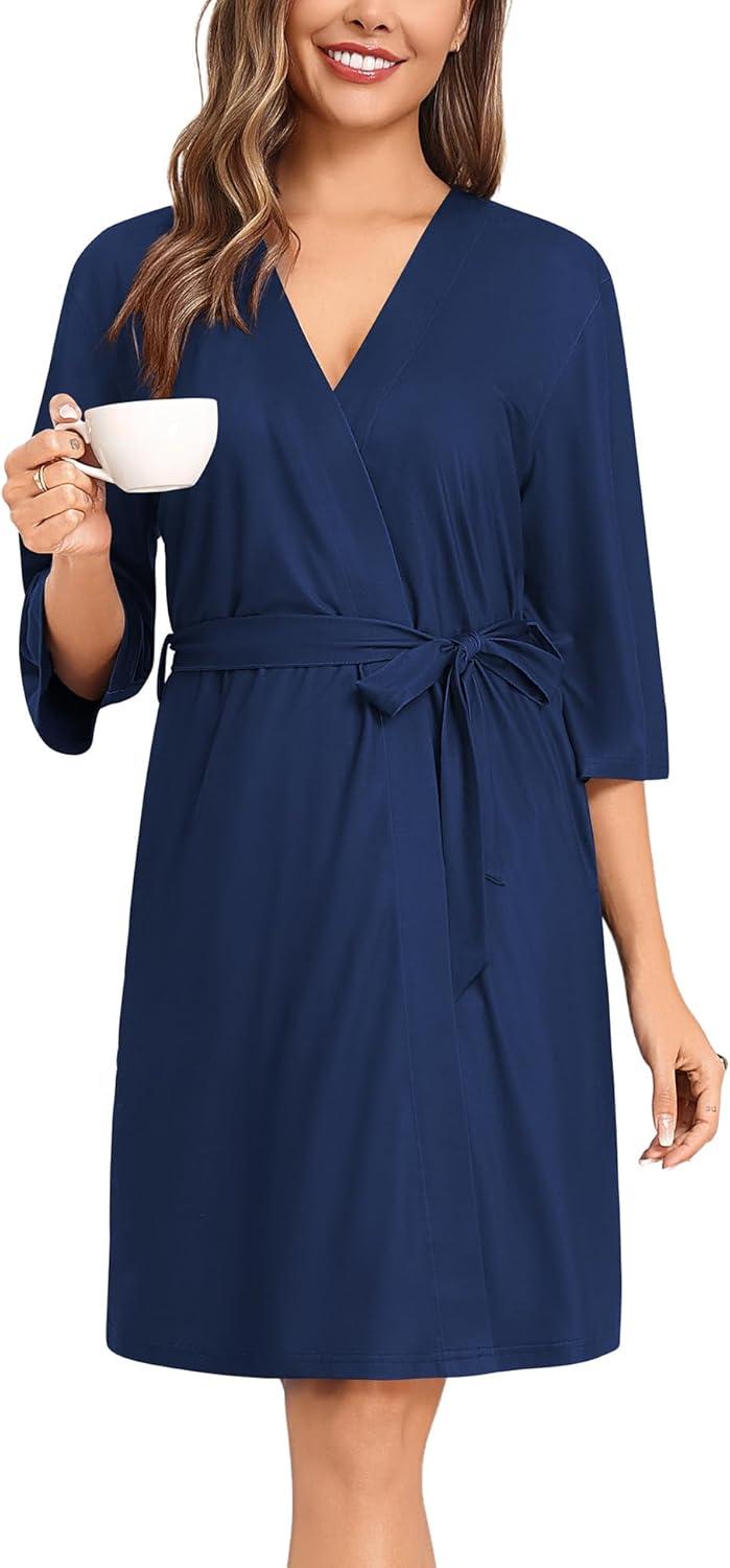 imageSWOMOG Nightgown and Robe Sets for Women 2 Piece Sleeveless Sexy Lace Strap Pajamas and 34 Sleeves Bathrobe with PocketsNavy Blue