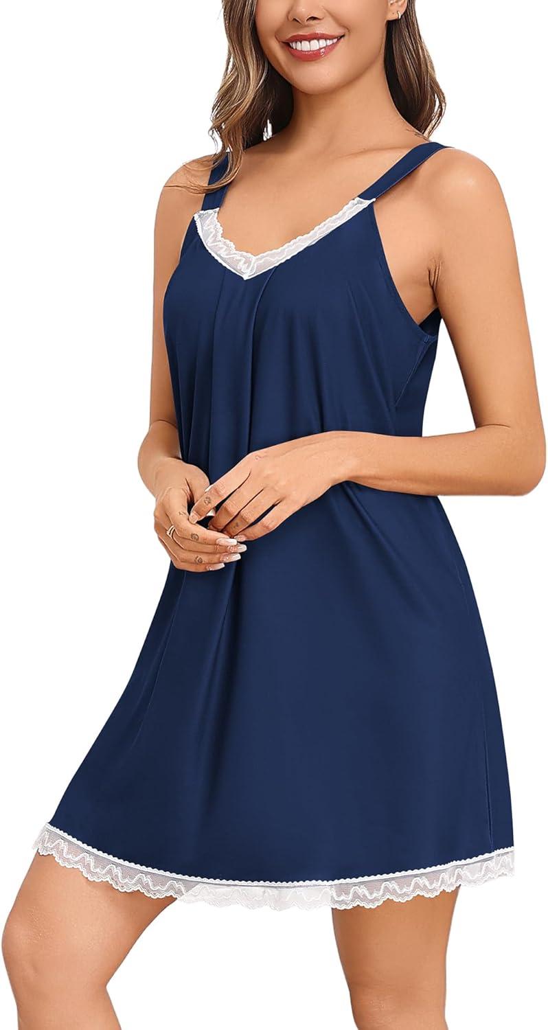 imageSWOMOG Nightgown and Robe Sets for Women 2 Piece Sleeveless Sexy Lace Strap Pajamas and 34 Sleeves Bathrobe with PocketsNavy Blue