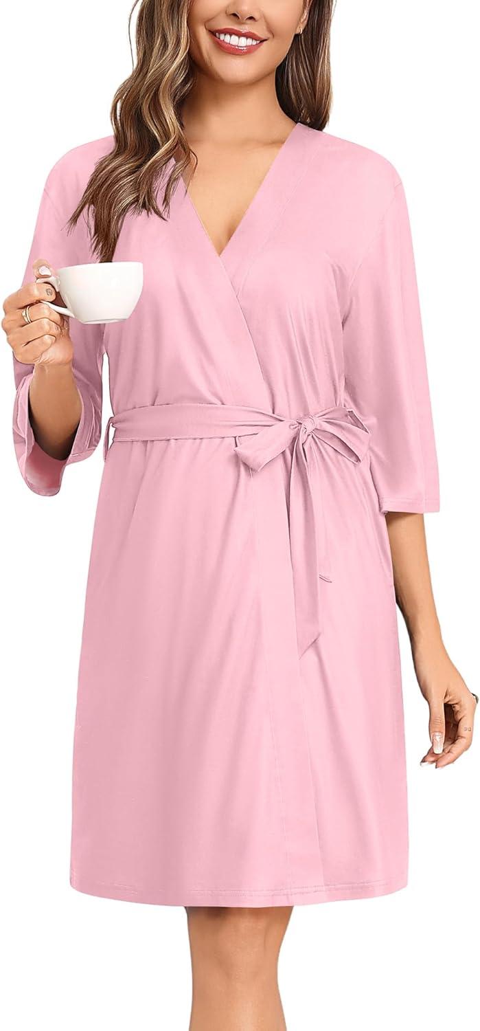 imageSWOMOG Nightgown and Robe Sets for Women 2 Piece Sleeveless Sexy Lace Strap Pajamas and 34 Sleeves Bathrobe with PocketsPink