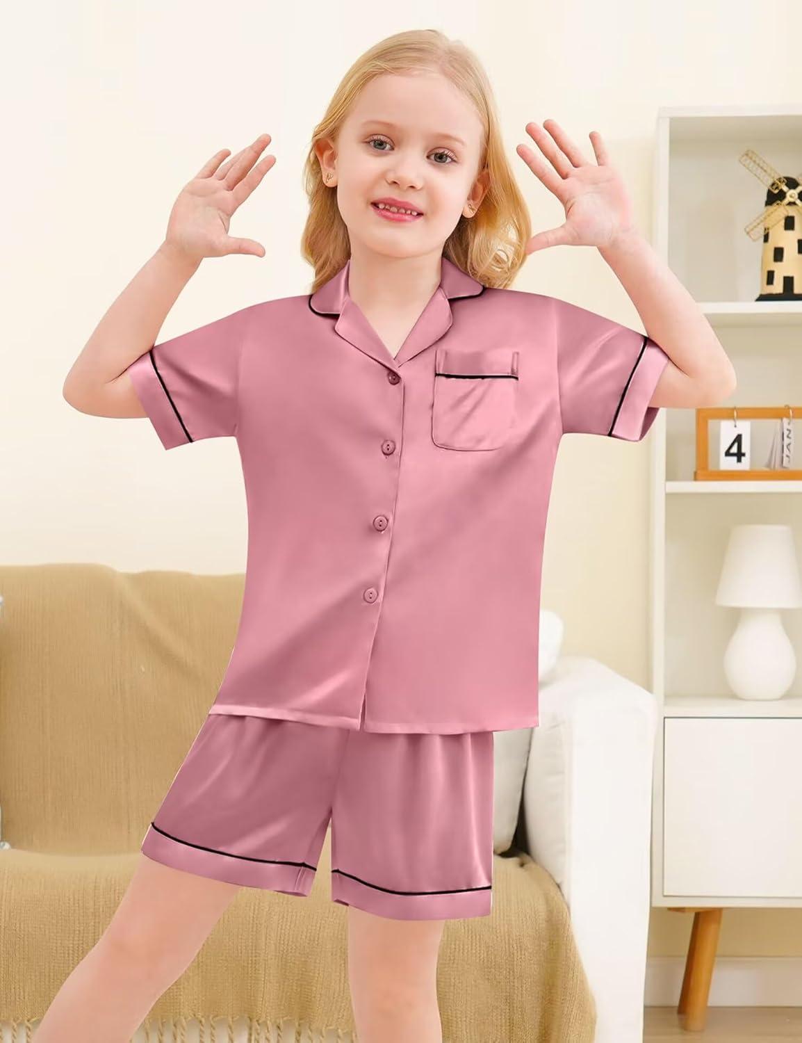 imageSWOMOG Silk Pajamas for Kids Girls Satin Pj Set Boys Sleepwear Button Down Short Sleeve Loungewear 2 PiecesMisty Rose